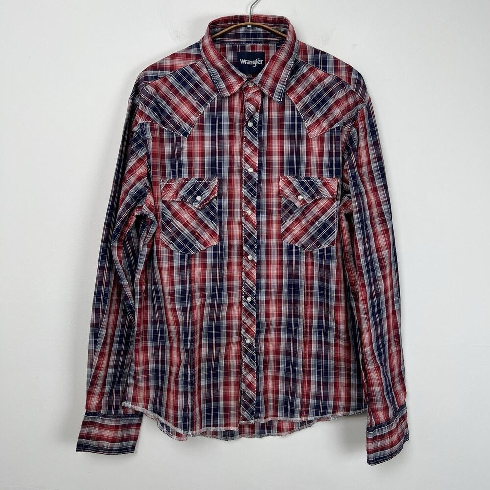 Wrangler‎ Western Men’s L Shirt Red White Plaid Pearl Snap Cowboy Ranch Rodeo